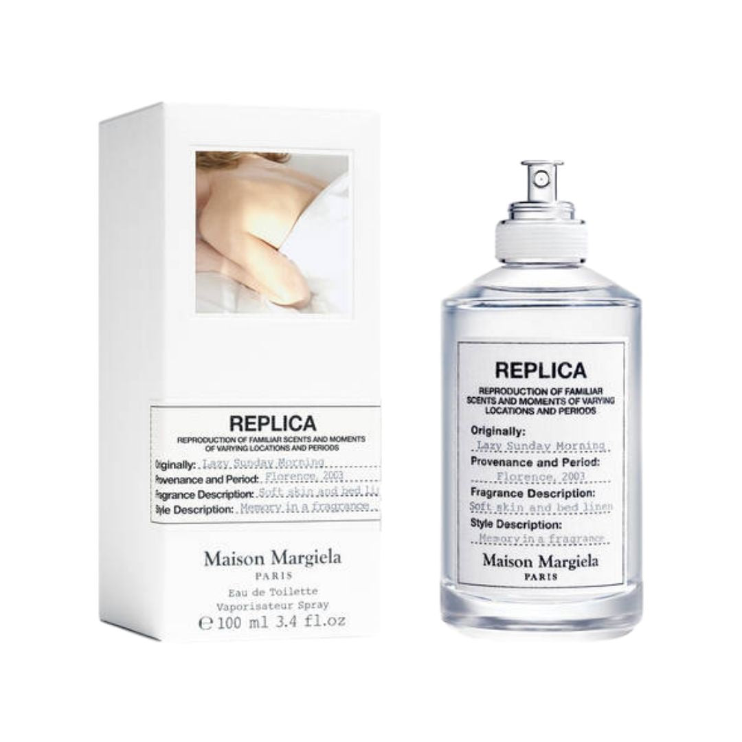 Maison Margiela Replica Lazy Sunday Morning 100ml EDT, a clear bottle with a light, fresh liquid, evoking the clean scent of laundry and soft skin in NZ