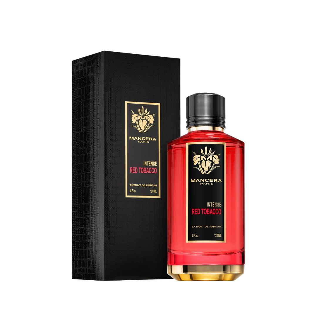 Mancera Intense Red Tobacco 120ml EDP, a sleek glass bottle suggesting a rich, intensely spicy, smoky, and long-lasting unisex fragrance.