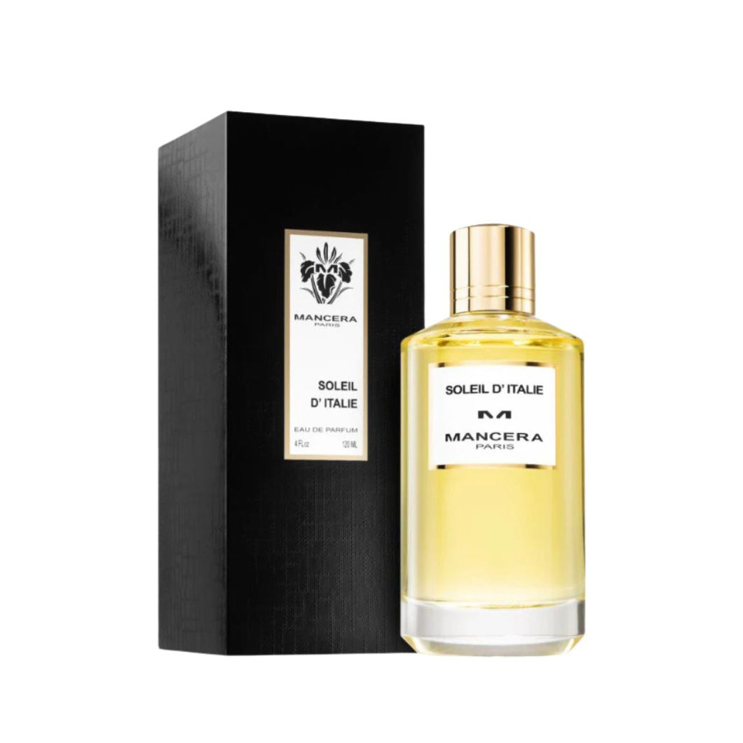 Mancera Soleil D'Italie 120ml EDP, a sleek glass bottle suggesting a fresh, citrus, aquatic, and aromatic unisex fragrance.