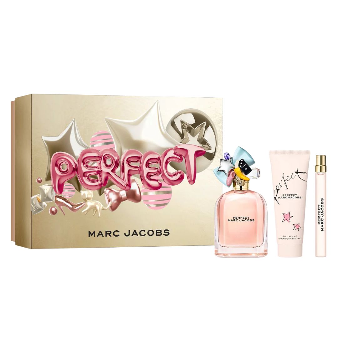 Marc Jacobs 100ml perfume set with 'Perfect' packaging on a white background