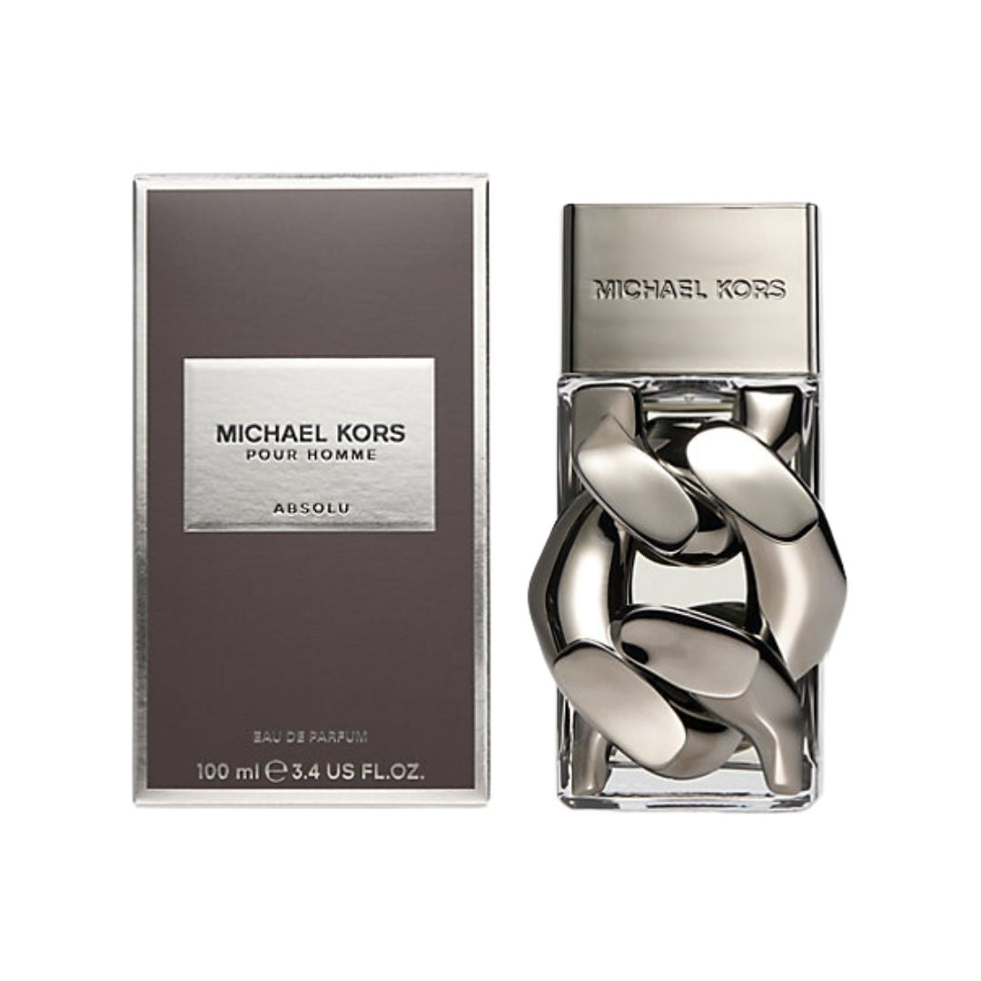 Michael Kors Pour Homme Absolu EDP 100ml, a sleek, dark grey and silver bottle suggesting an intense, aromatic woody scent with fresh spice, incense and cedarwood notes.