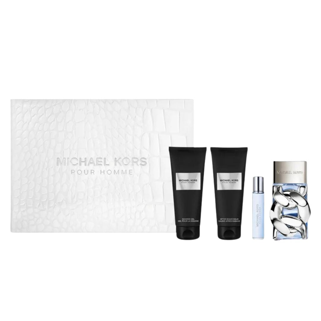 Michael Kors Pour Homme 100ml EDP 4pc Gift Set, featuring the iconic bottle, body lotion, shower gel, and travel spray in a luxurious gift box.