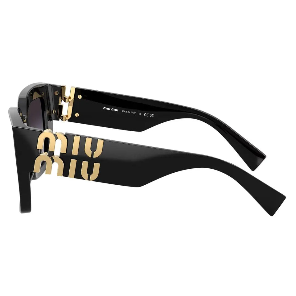 Side view of Miu Miu MU B05S black sunglasses showing thick temples and vertical gold logos - Gadgets Online NZ