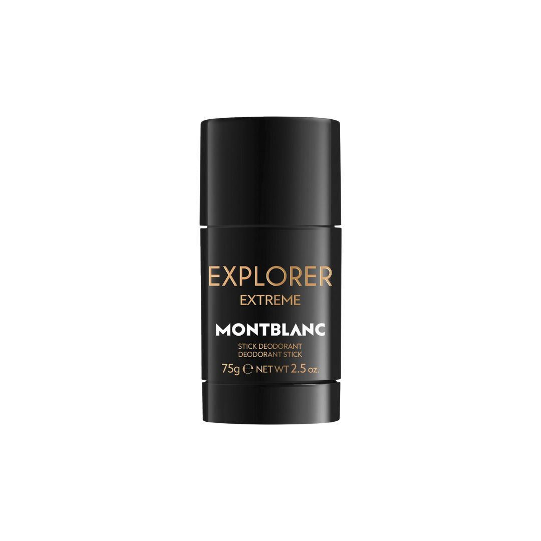 Mont Blanc Explorer Extreme Deo Stick 75g, a sleek black and silver twist-up deodorant stick, suggesting an intense, deeply woody, and rugged leather aromatic scent for men.
