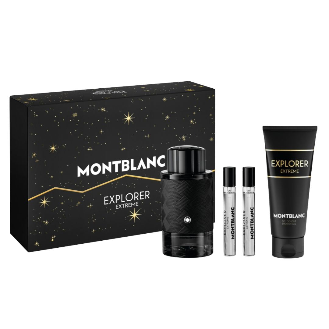 Mont Blanc Explorer Extreme Parfum 100ml 4pc Gift Set, a premium dark box containing the 100ml Parfum bottle, two 7.5ml travel sprays, and 100ml Shower Gel, suggesting an intense, deeply woody, and rugged leather aromatic scent.