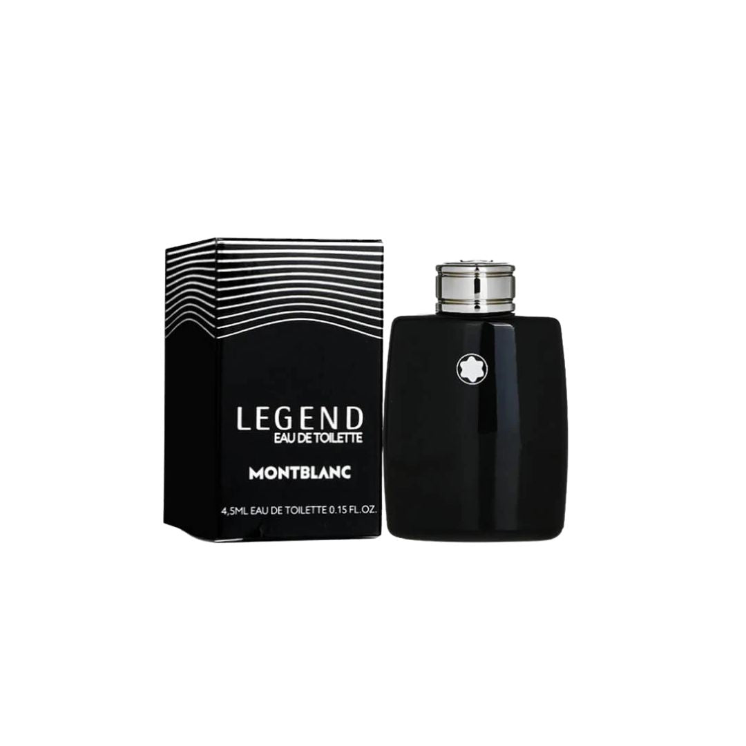 Mont Blanc Legend 4.5ml EDT, a sleek, black bottle with a silver cap, suggesting a fresh, aromatic, and woody masculine fragrance.