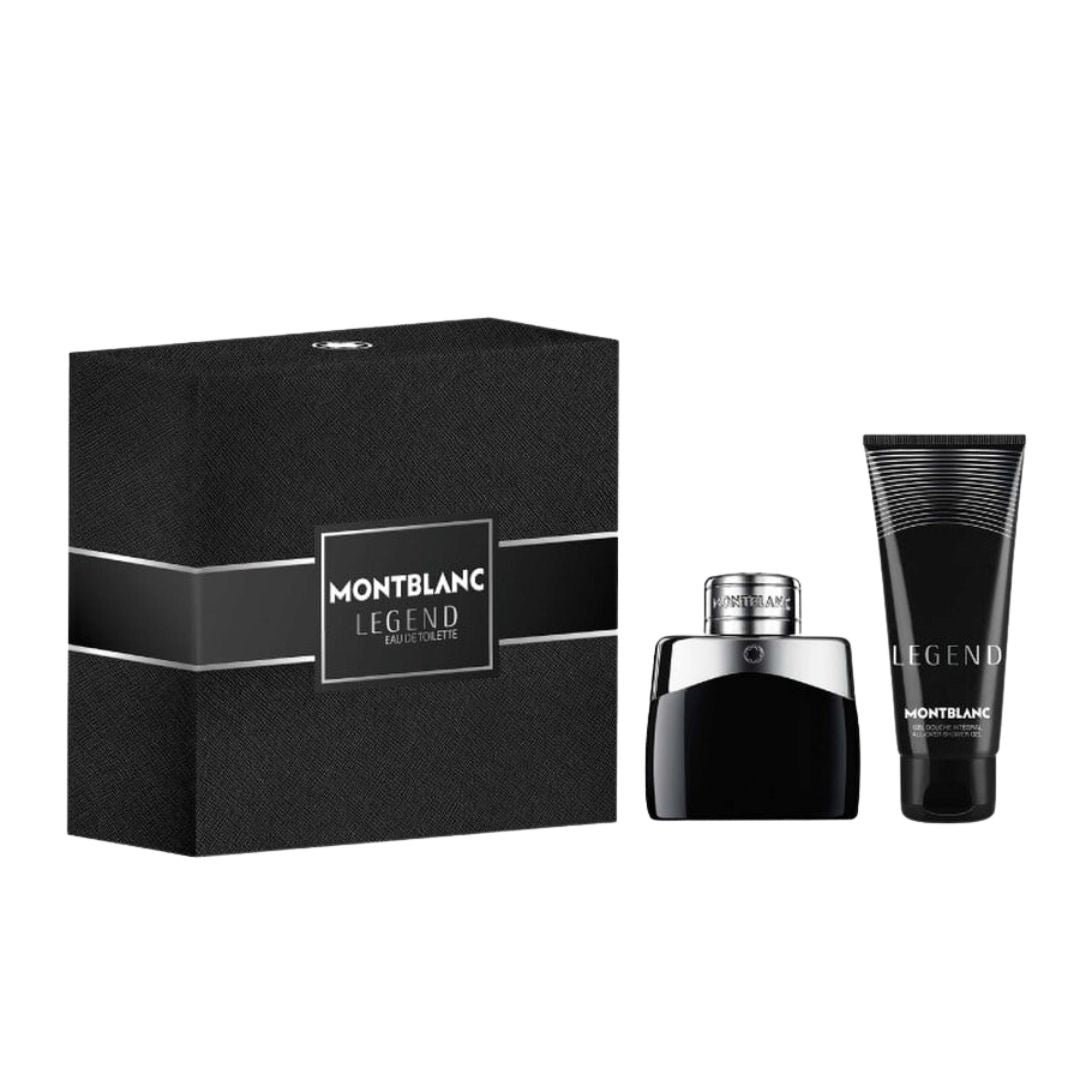 Mont Blanc Legend 50ml EDT 2 Piece Gift Set, featuring the iconic black bottle and a shower gel in an elegant gift box.