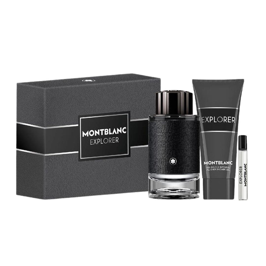 Montblanc Explorer EDP 100ml perfume set with black bottle, shower gel, and small bottle on a white background