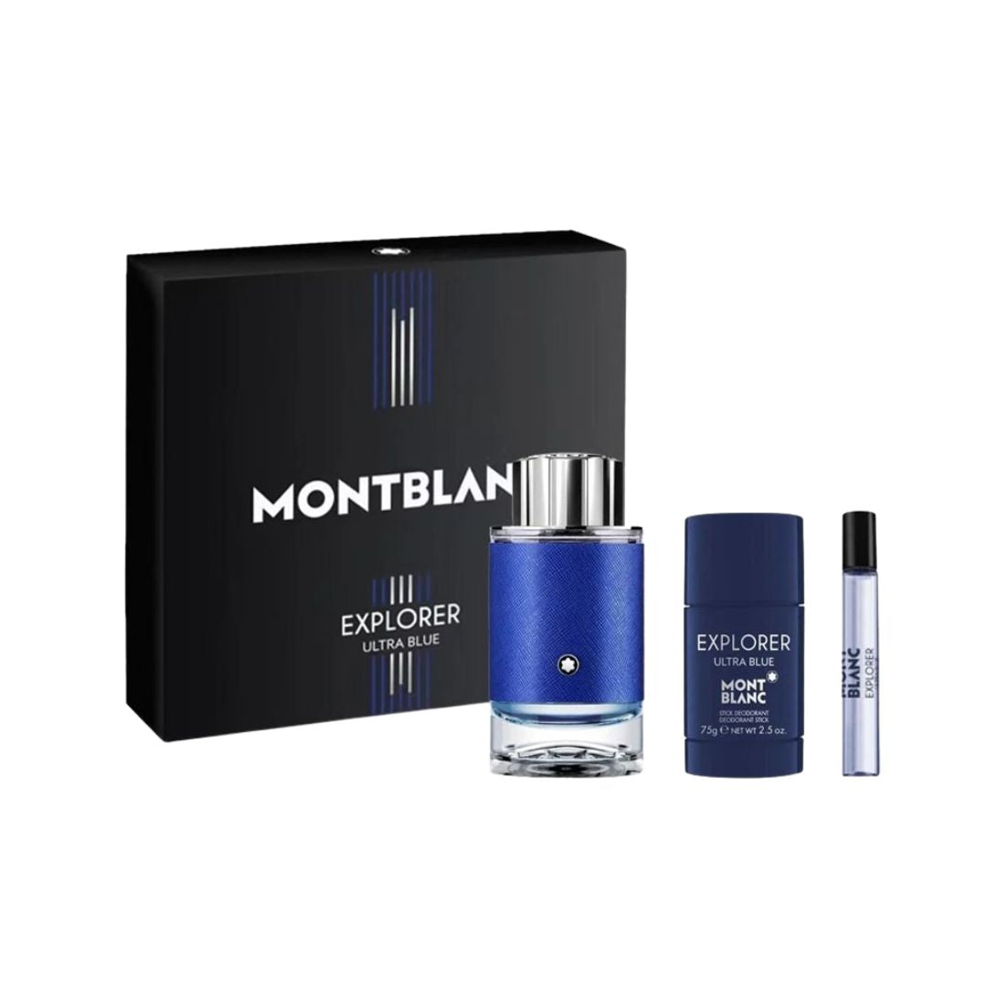 Montblanc Explorer Ultra Blue  100ml EDP 3 Piece Gift Set, featuring the iconic blue bottle, deodorant stick, and travel spray in an elegant gift box.