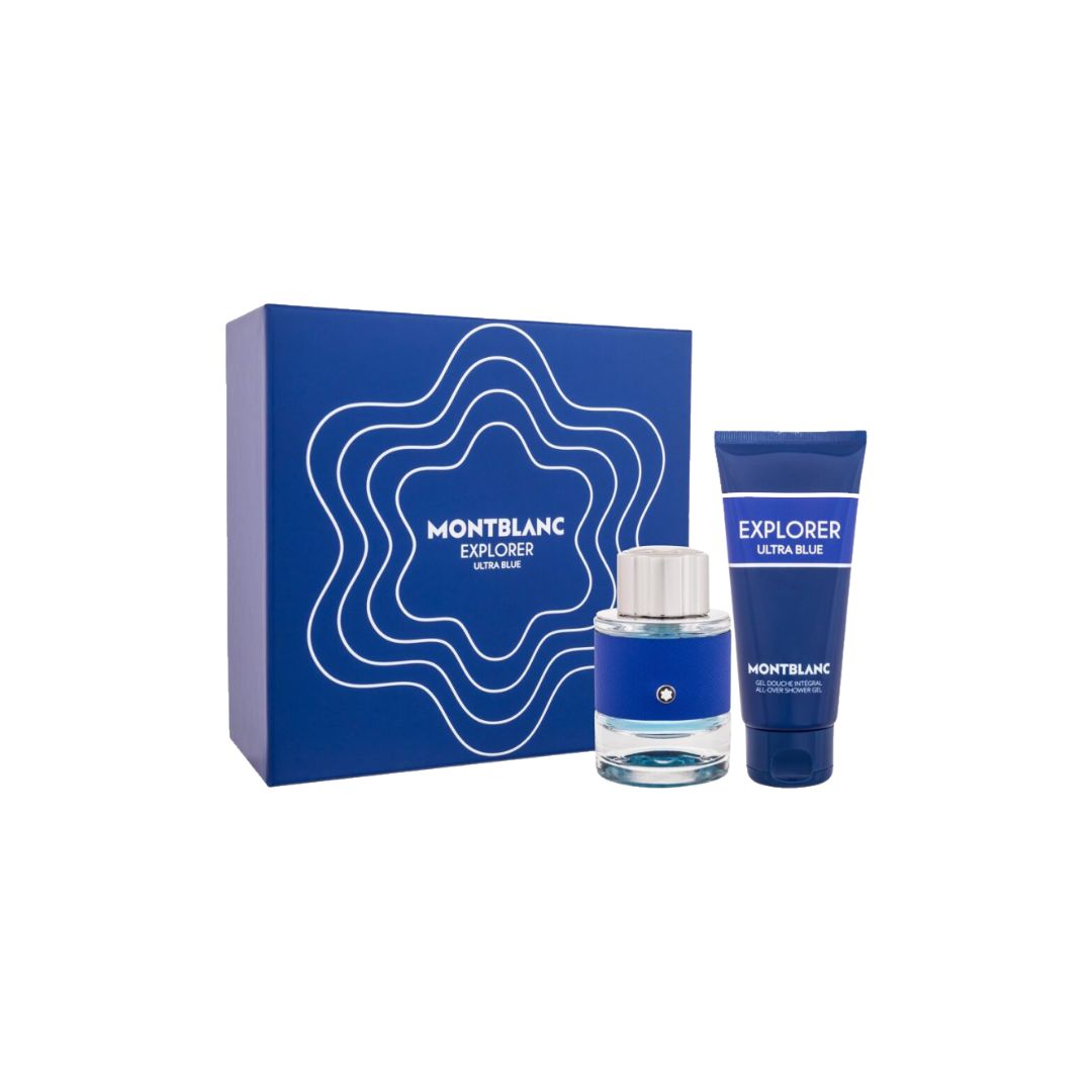 Mont Blanc Explorer Ultra Blue 60ml EDP 2 Piece Gift Set, featuring the iconic blue bottle and a shower gel in an elegant gift box.