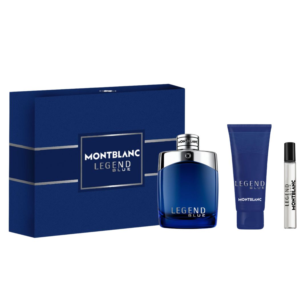 Mont Blanc Legend Blue 100ml EDP 3 Piece Gift Set, featuring the iconic blue bottle, shower gel, and travel spray in an elegant gift box.
