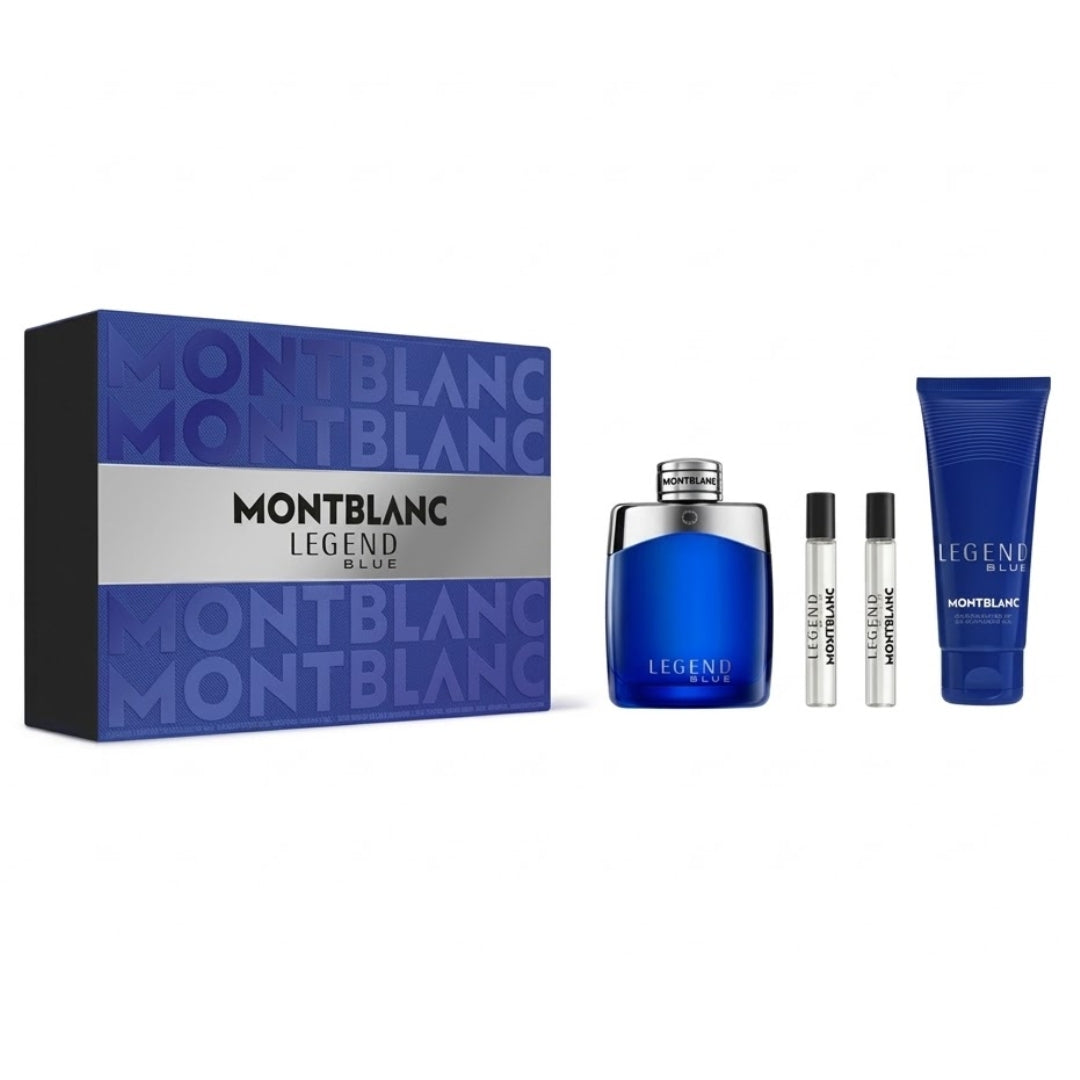 Montblanc Legend Blue fragrance gift set featuring a blue and black box, a blue perfume bottle, two small travel atomizers, and a blue body care tube on a white background.