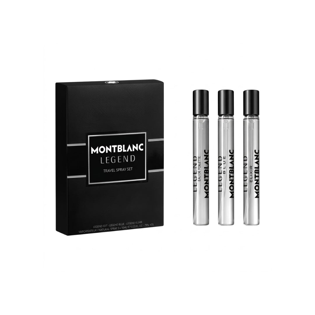 Montblanc Legend travel spray set featuring a black rectangular box and three slim silver spray vials with black caps, shown on a plain white background.