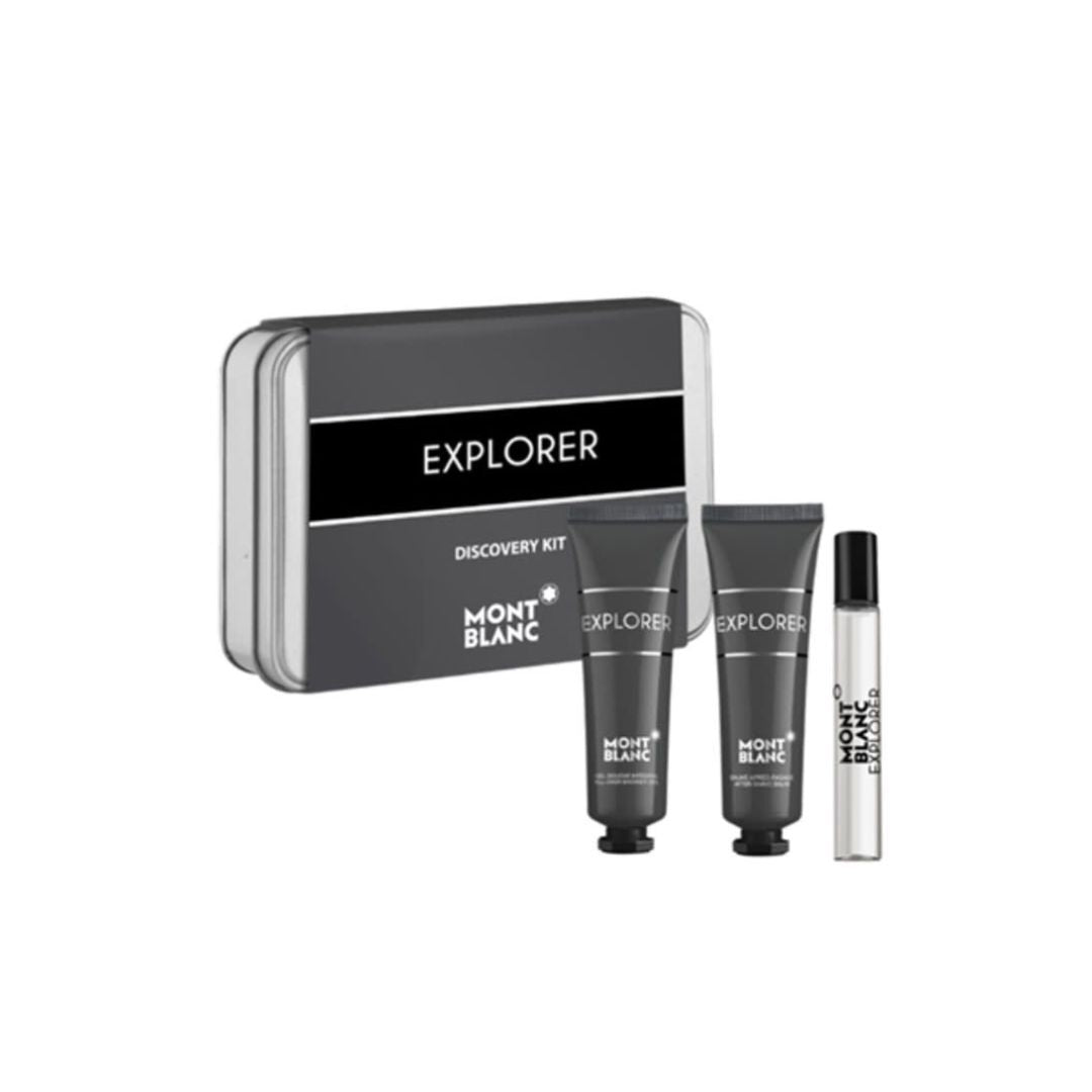 Mont Blanc Explorer 7.5ml EDP Discovery Kit Gift Set, featuring a miniature bottle, shower gel, and after shave balm in a travel-friendly gift box.