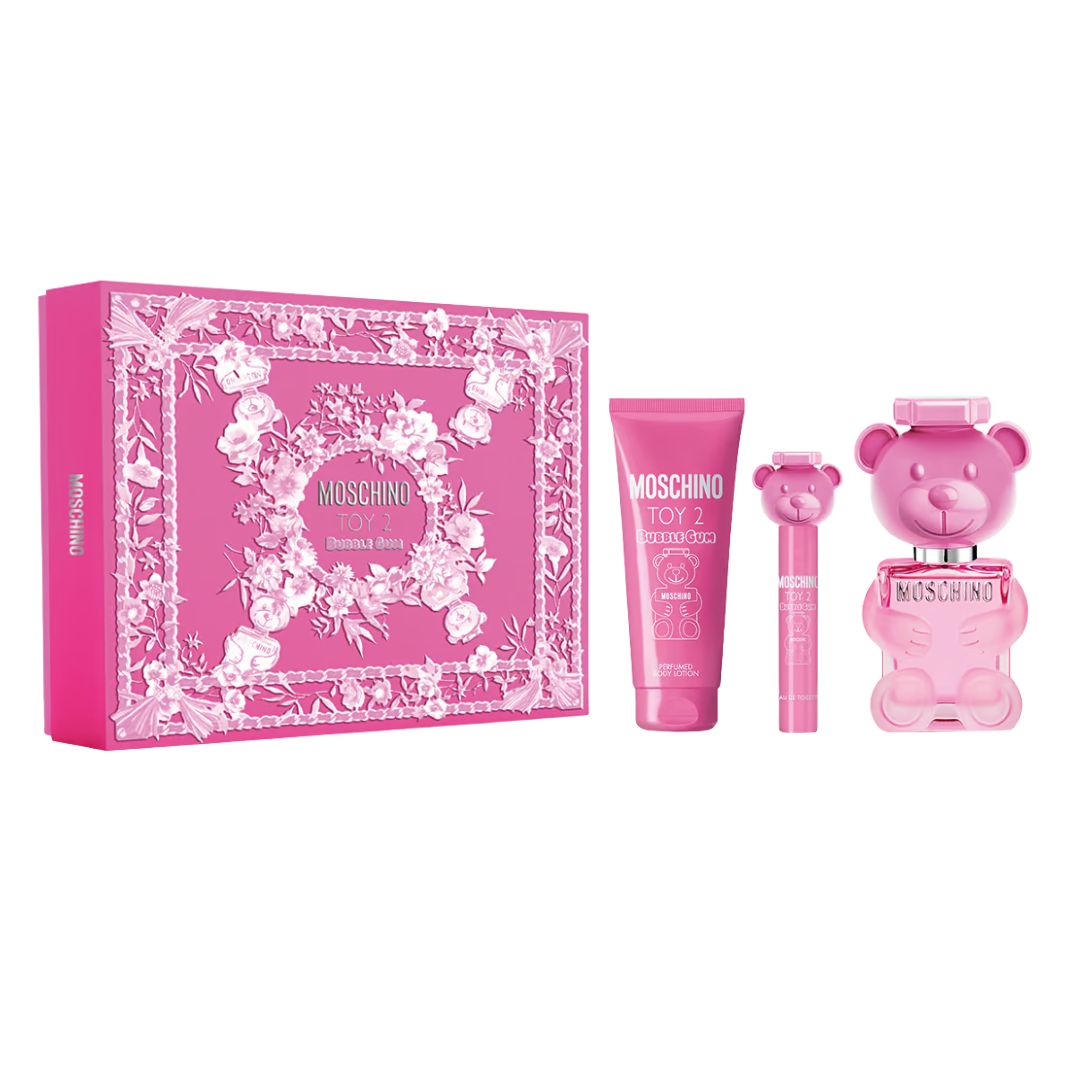 Moschino Toy 2 Bubble Gum 100ml EDT 3 Pc Gift Set, featuring the iconic pink teddy bear-shaped bottle, body lotion, and travel spray in a stylish gift box.