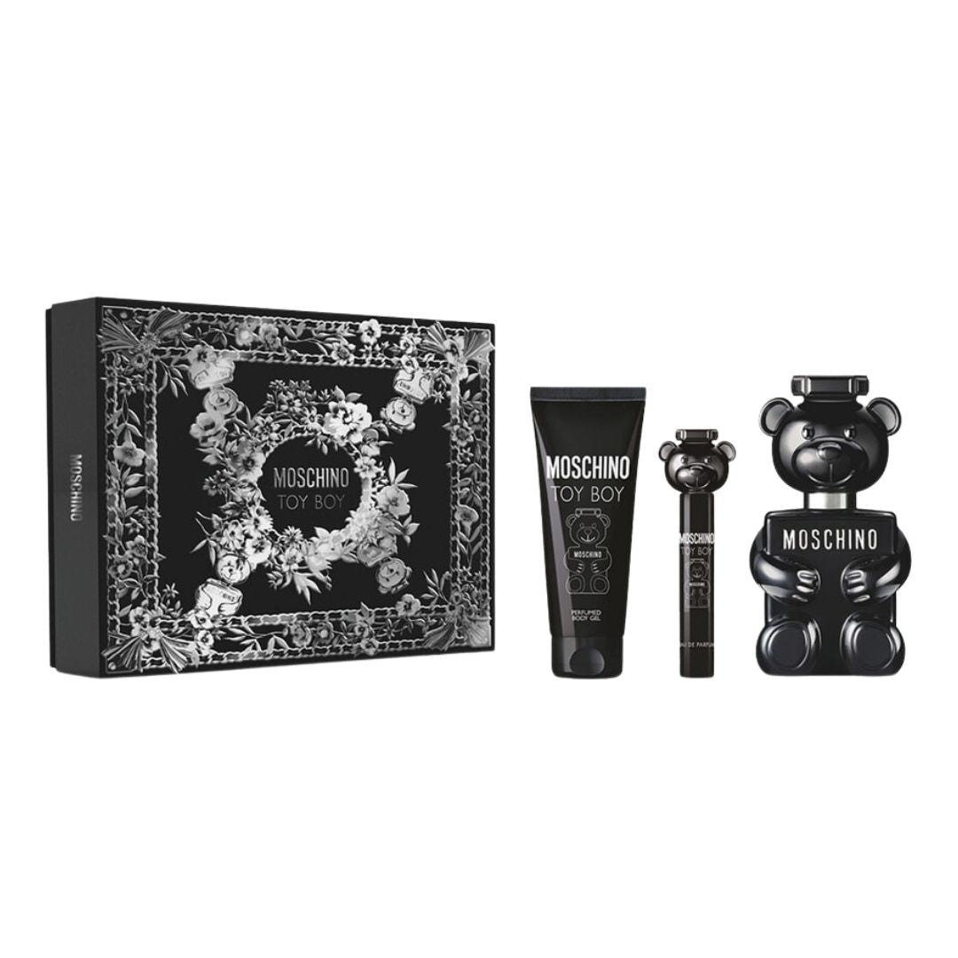 Moschino Toy Boy 100ml EDP 3pc Gift Set, featuring the iconic black teddy bear-shaped bottle, shower gel, and travel spray in a stylish gift box.
