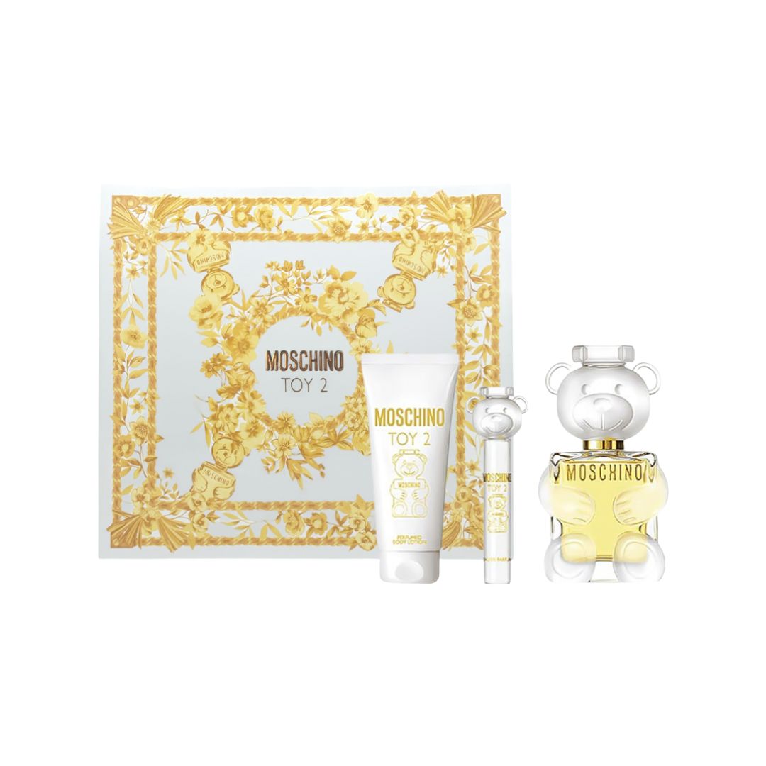 Moschino Toy 2 100ml EDP 3pc Gift Set, featuring the iconic teddy bear-shaped bottle, body lotion, and travel spray in a stylish gift box.