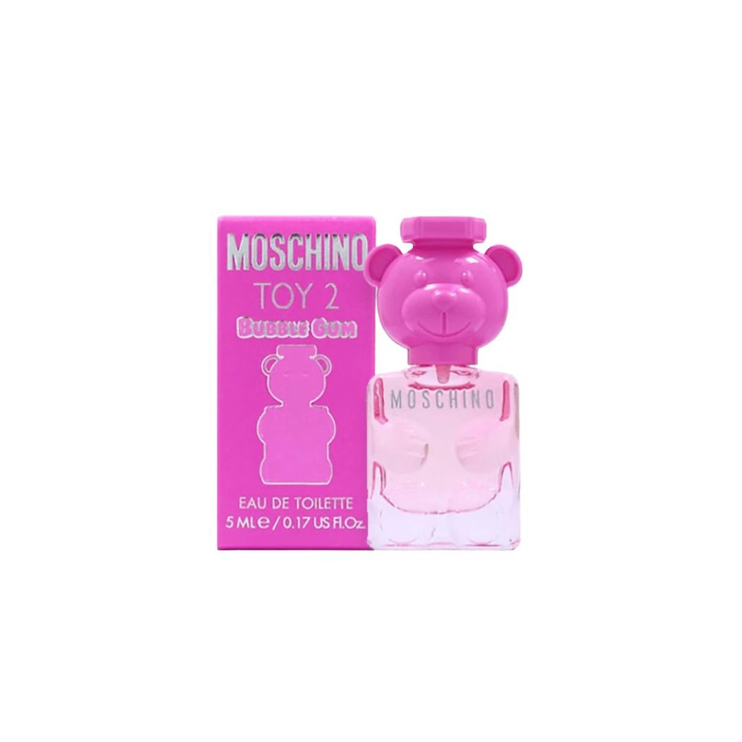 Moschino Toy 2 Bubble Gum 5ml EDT, a small, pink teddy bear-shaped bottle, suggesting a fun, fruity, and playful feminine fragrance.