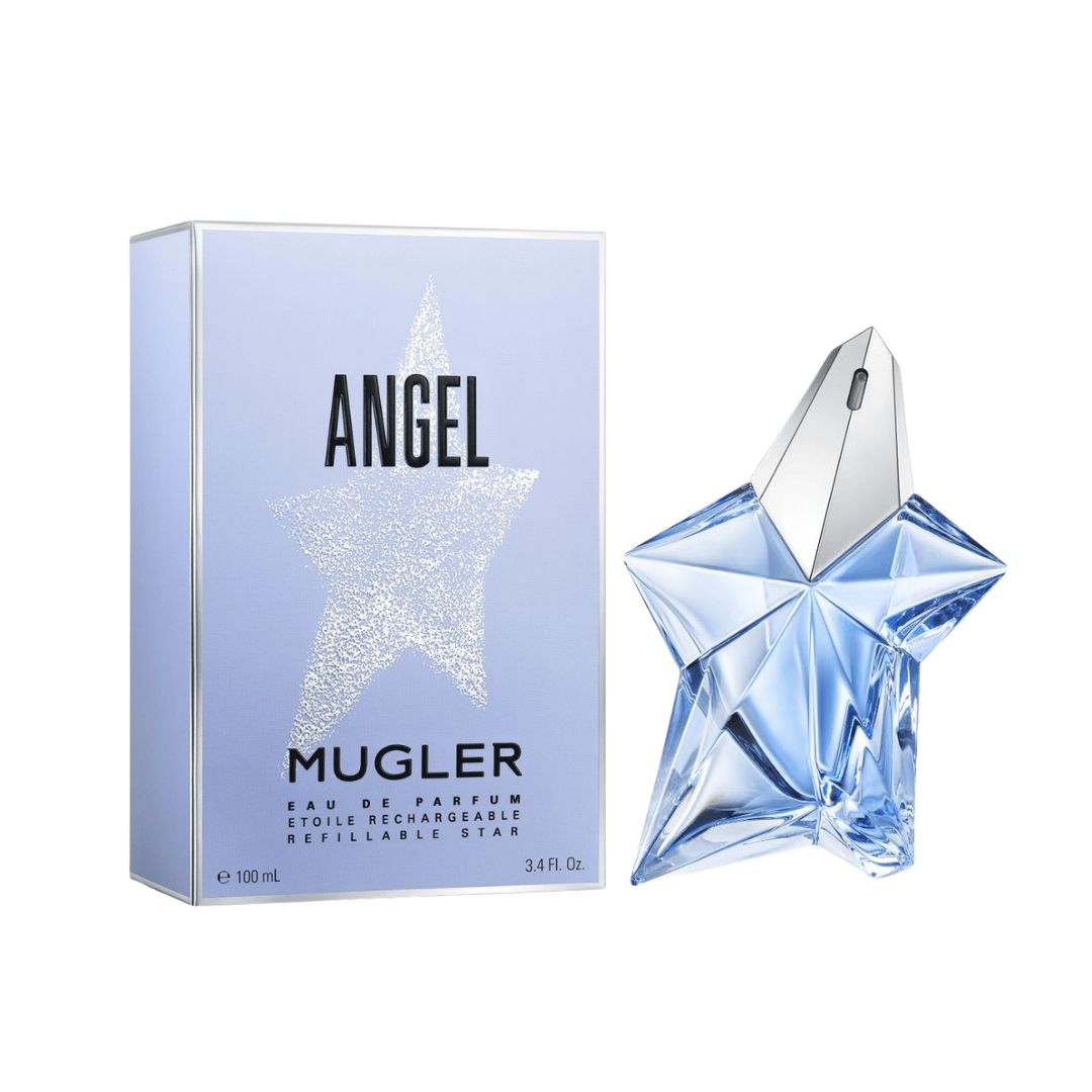 Mugler Angel 100ml EDP, an iconic, multi-faceted standing star-shaped bottle, suggesting a bold, oriental, and gourmand feminine fragrance.