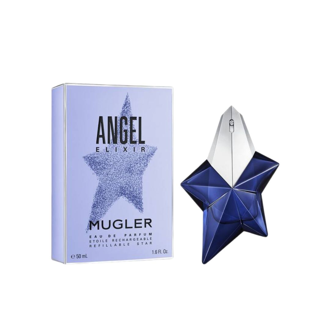 Mugler Angel Elixir 50ml EDP, an iconic, standing star-shaped bottle in a dark, mysterious blue, suggesting an intense, addictive, and modern feminine fragrance.