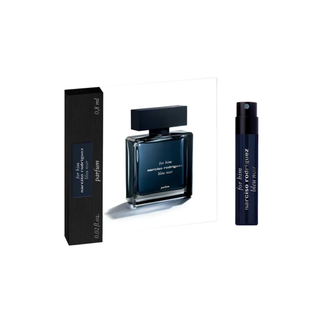 Narciso Rodriguez Bleu Noir EDP 0.8ml sample vial, a sophisticated and woody musk fragrance for men.