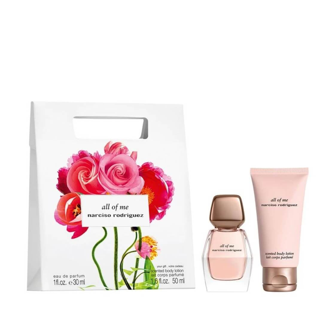 Narciso Rodriguez All of Me EDP 30ml 2 Piece Gift Set at Gadgets Online NZ LTD, featuring a bold floral woody musk fragrance with magnolia, rose, bourbon geranium, and a 50ml scented body lotion for the confident woman.