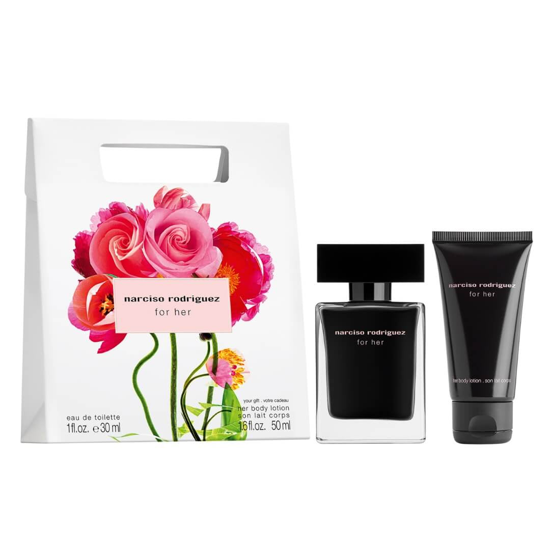 Narciso Rodriguez For Her EDT 30ml 2 Piece Gift Set at Gadgets Online NZ LTD, featuring a classic fragrance with musk, floral notes, and a 50ml body lotion, encapsulating the essence of modern femininity.