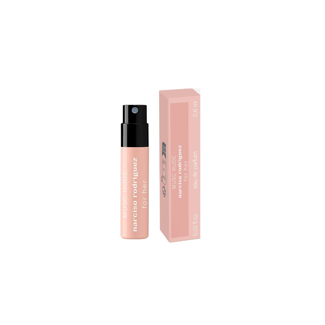 Narciso Musc nude for her EDP 0.6ml Pink cosmetic bottle with black cap and matching box on a white background