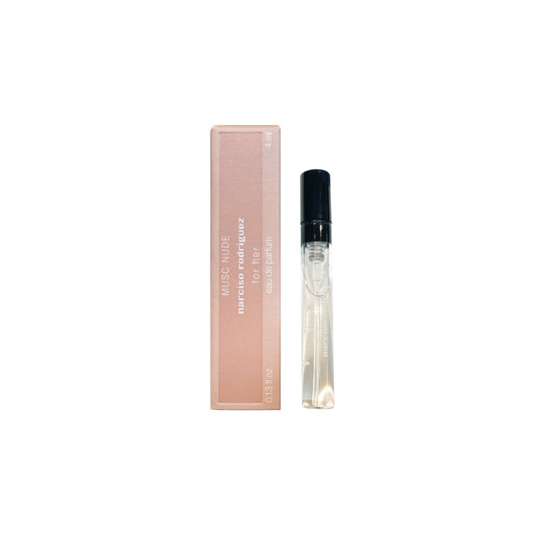 Narciso Musc nude for her EDP 4ml Miniature Perfume sample bottle with packaging on a white background