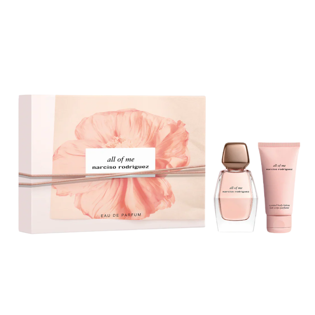 Narciso Rodriguez All of Me 50ml EDP 2 Piece Gift Set, featuring the multi-faceted bottle and a matching body lotion in an elegant gift box.