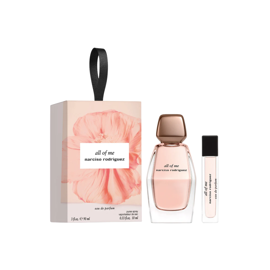 Narciso Rodriguez All of Me 90ml EDP 2 Piece Gift Set, featuring the multi-faceted bottle and a travel spray in an elegant gift box.