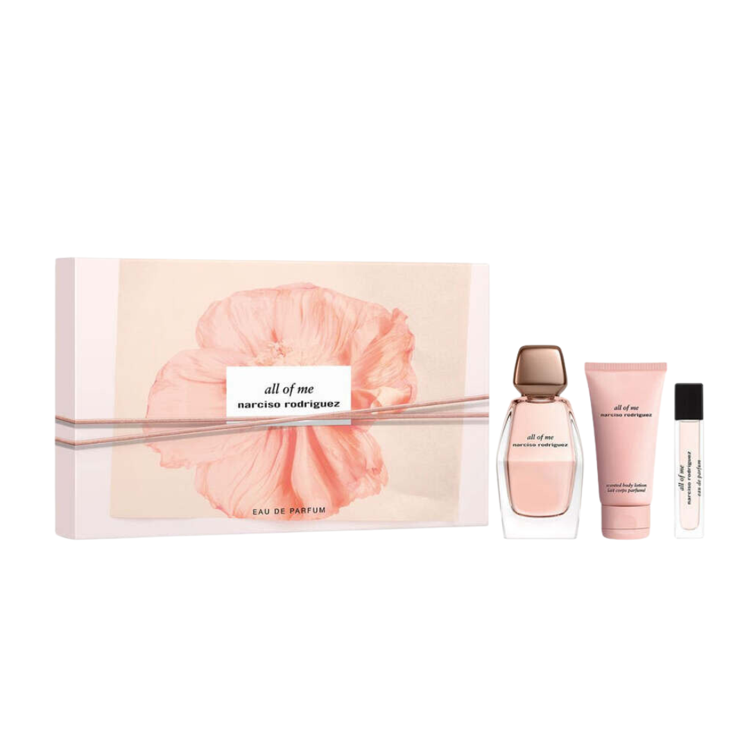 Narciso Rodriguez All of Me 90ml EDP 3 Piece Gift Set, featuring the multi-faceted bottle, a body lotion, and a travel spray in an elegant gift box.