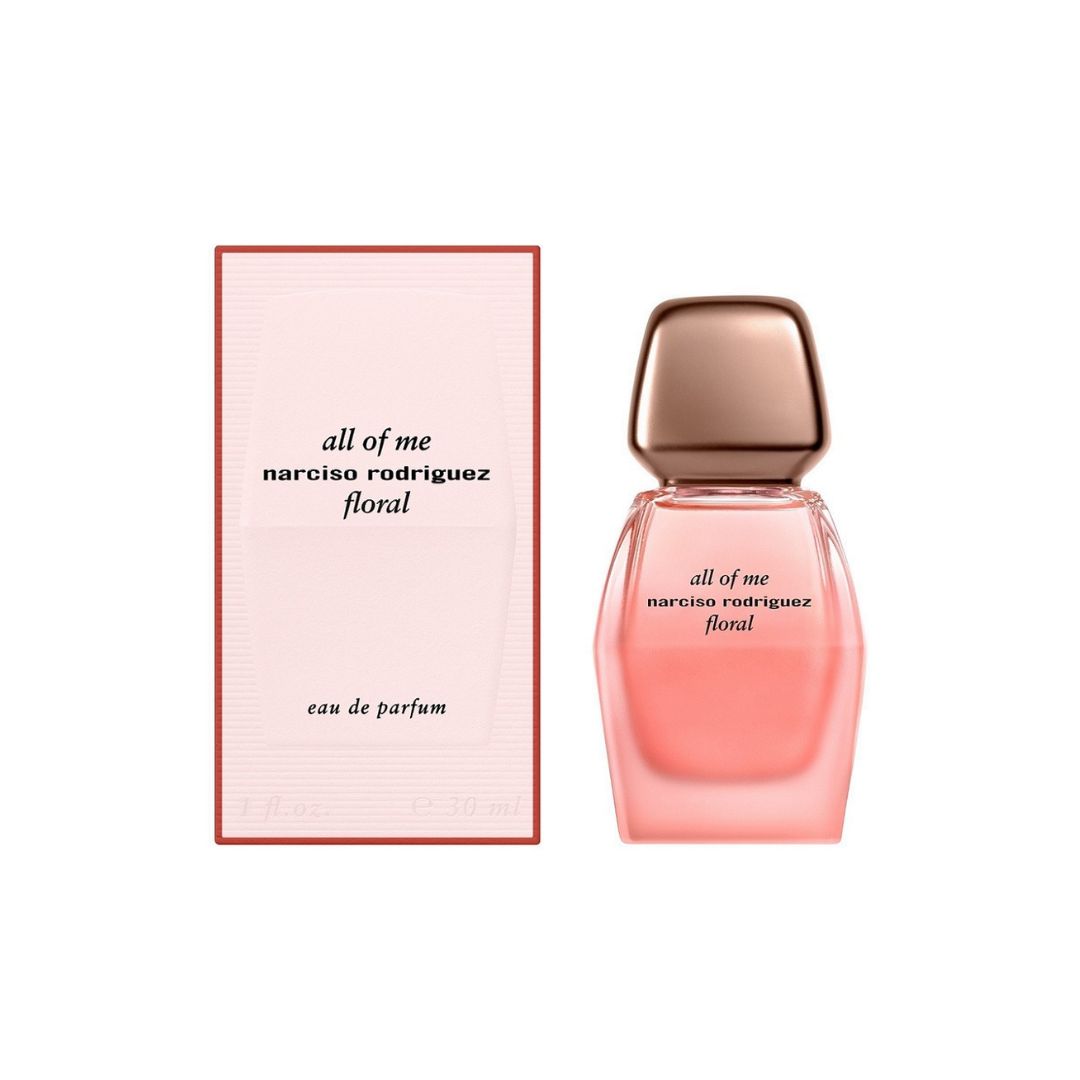 Narciso Rodriguez All of Me Floral EDP 30ml, a striking multifaceted clear glass bottle with a pink liquid and silver cap, suggesting a fresh, vibrant, floral, and musky scent.