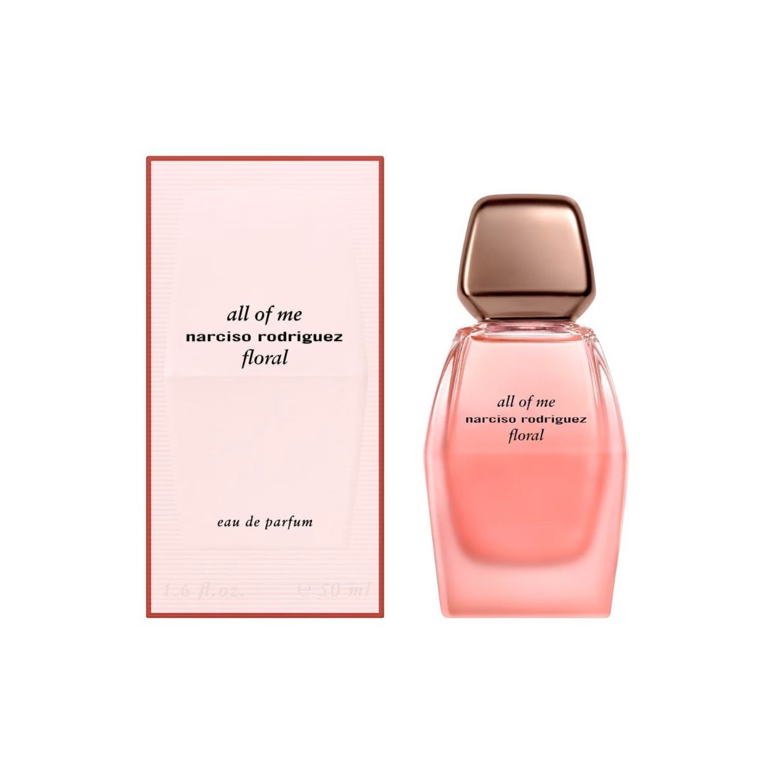 Narciso Rodriguez All of Me Floral EDP 50ml, a striking multifaceted clear glass bottle with a pink liquid and silver cap, suggesting a fresh, vibrant, floral, and musky scent.