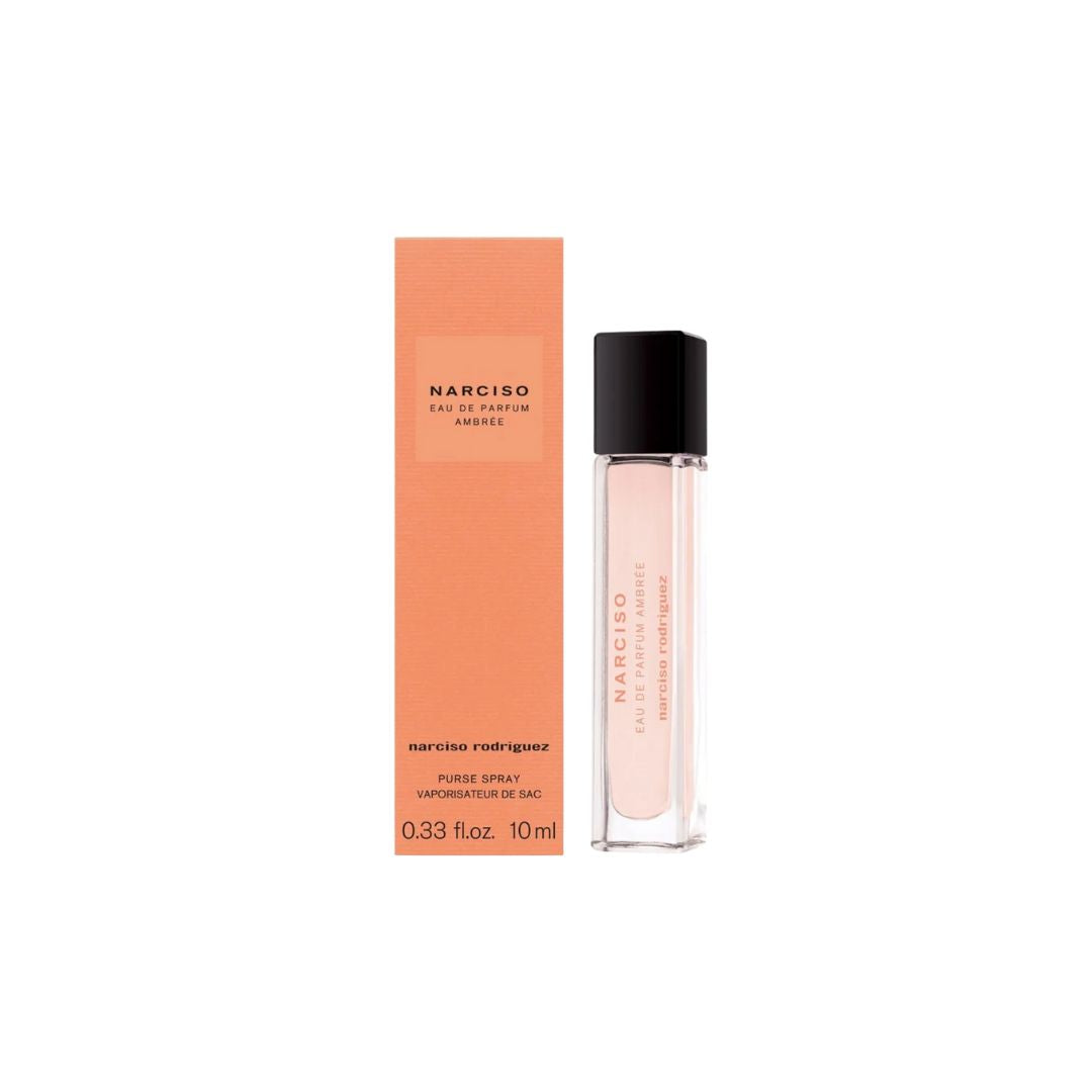 Narciso Rodriguez Ambree EDP 10ml perfume bottle and packaging on a white background