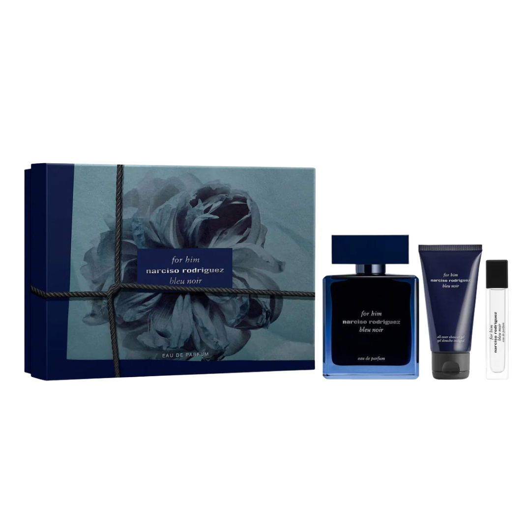 Narciso Rodriguez Bleu Noir 100ml EDP 3 Piece Gift Set, featuring the sleek dark blue cube bottle, a shower gel, and a travel spray in an elegant gift box.