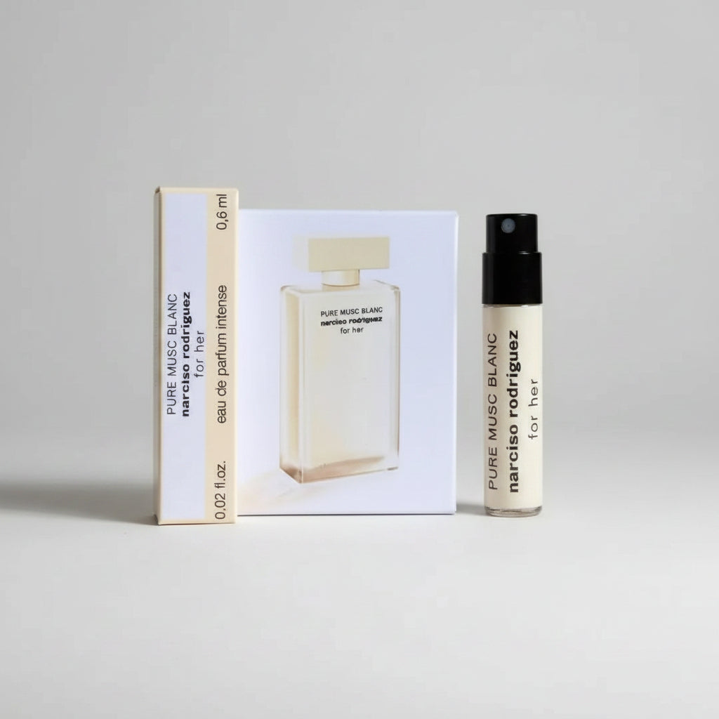 Narciso Rodriguez Pure Musc Blanc EDP Intense 0.6ml sample vial, featuring a clean, white floral musk fragrance.