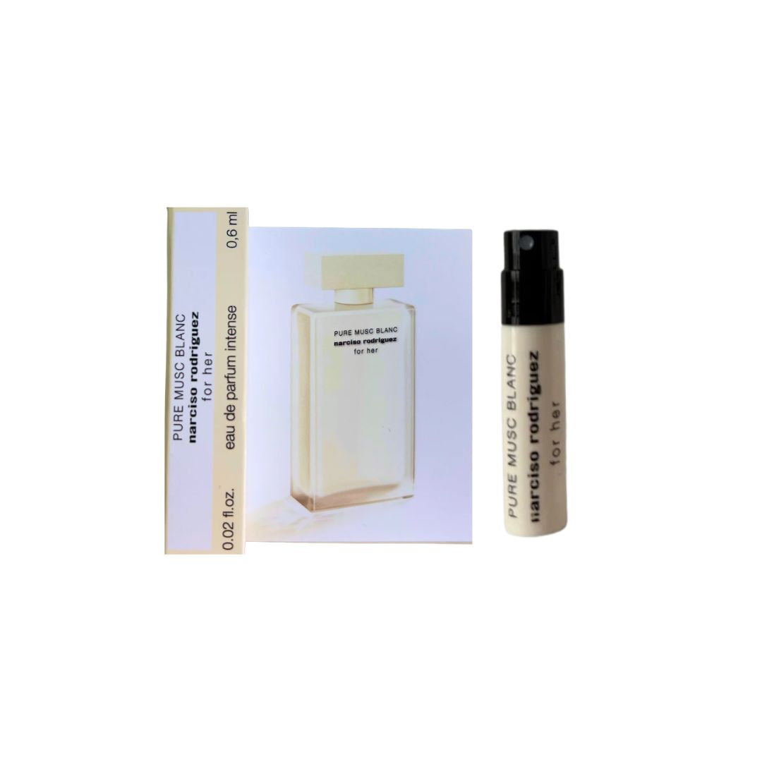 Narciso Rodriguez Pure Musc Blanc EDP Intense 0.6ml sample vial, featuring a clean, white floral musk fragrance.