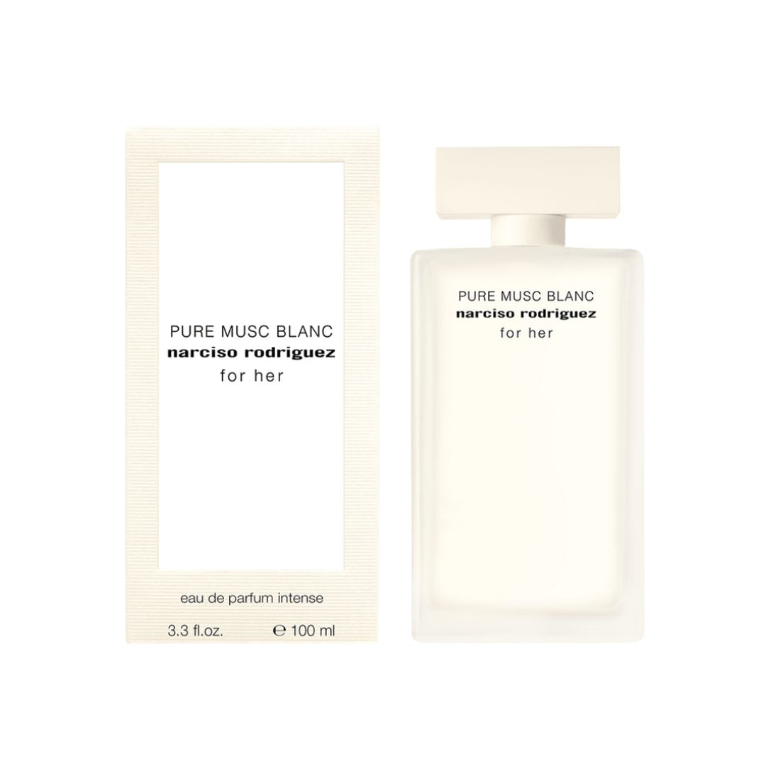 narciso rodriguez Pure Musc Blanc perfume bottle 100ml and packaging on a white background