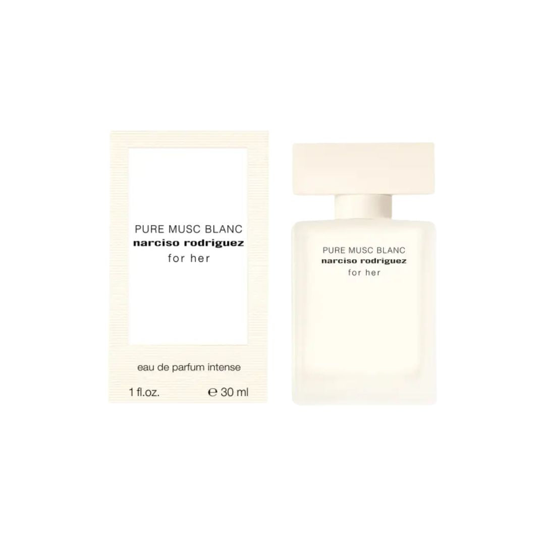 Narciso Rodriguez Pure Musc Blanc perfume bottle 30ml and packaging on a white background