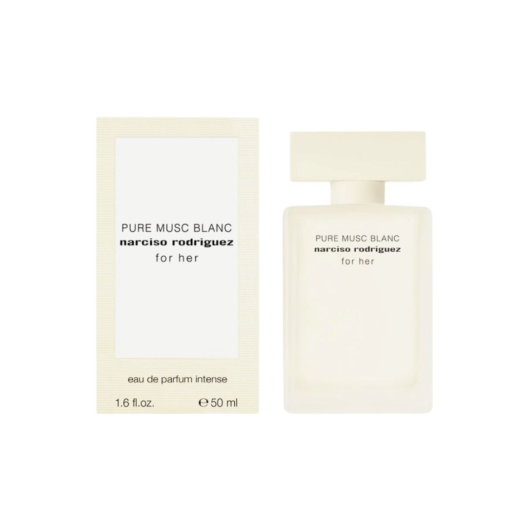 Narciso Rodriguez Pure Musc Blanc perfume bottle 50ml and packaging on a white background