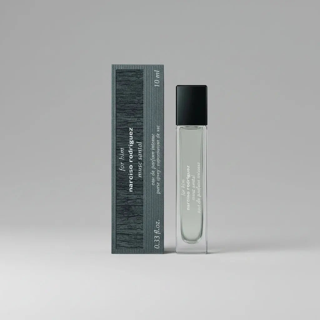 Narciso Rodriguez For Him Musc Santal EDP Intense 10ml travel spray, a sleek atomizer with a creamy sandalwood and musk fragrance.