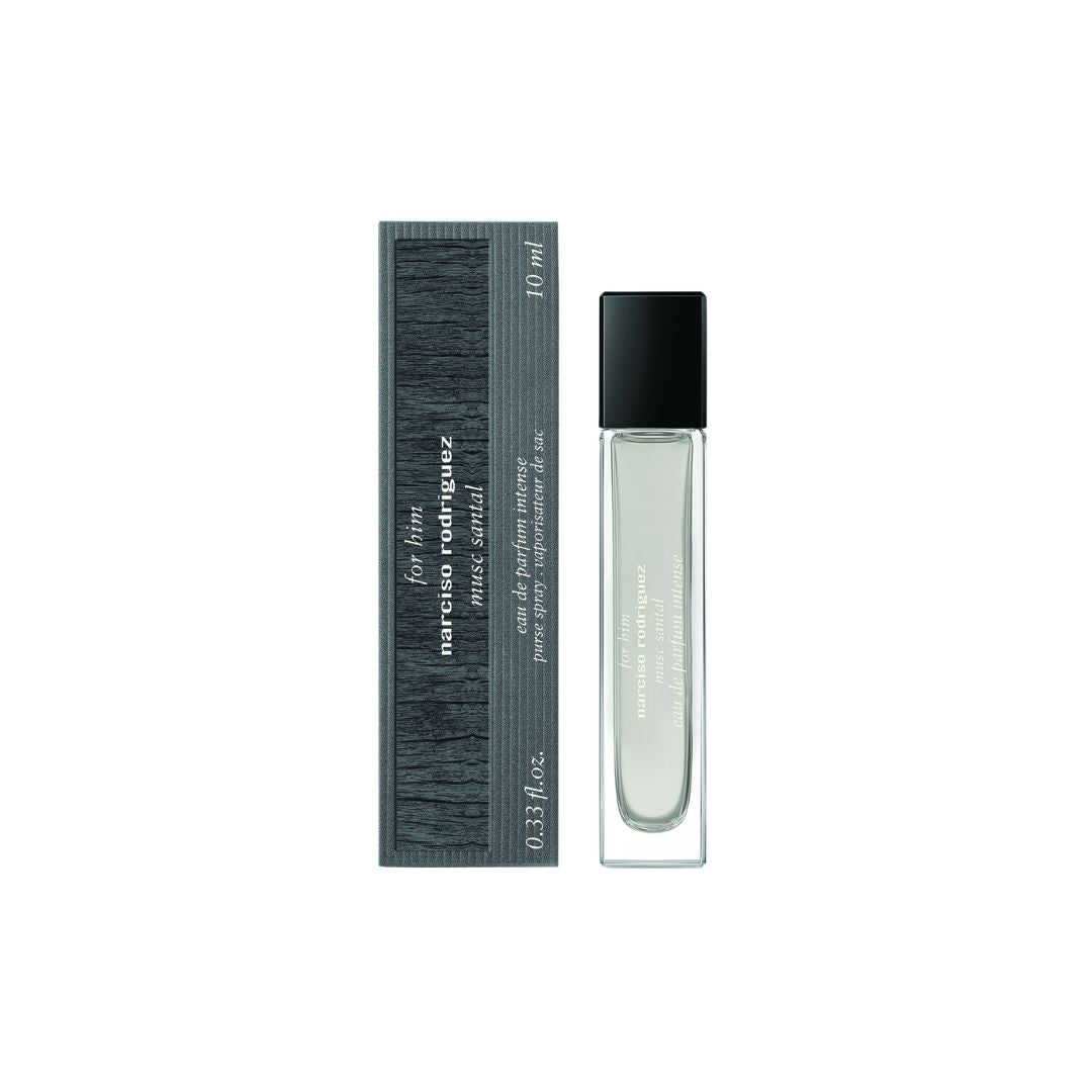 Narciso Rodriguez For Him Musc Santal EDP Intense 10ml travel spray, a sleek atomizer with a creamy sandalwood and musk fragrance.