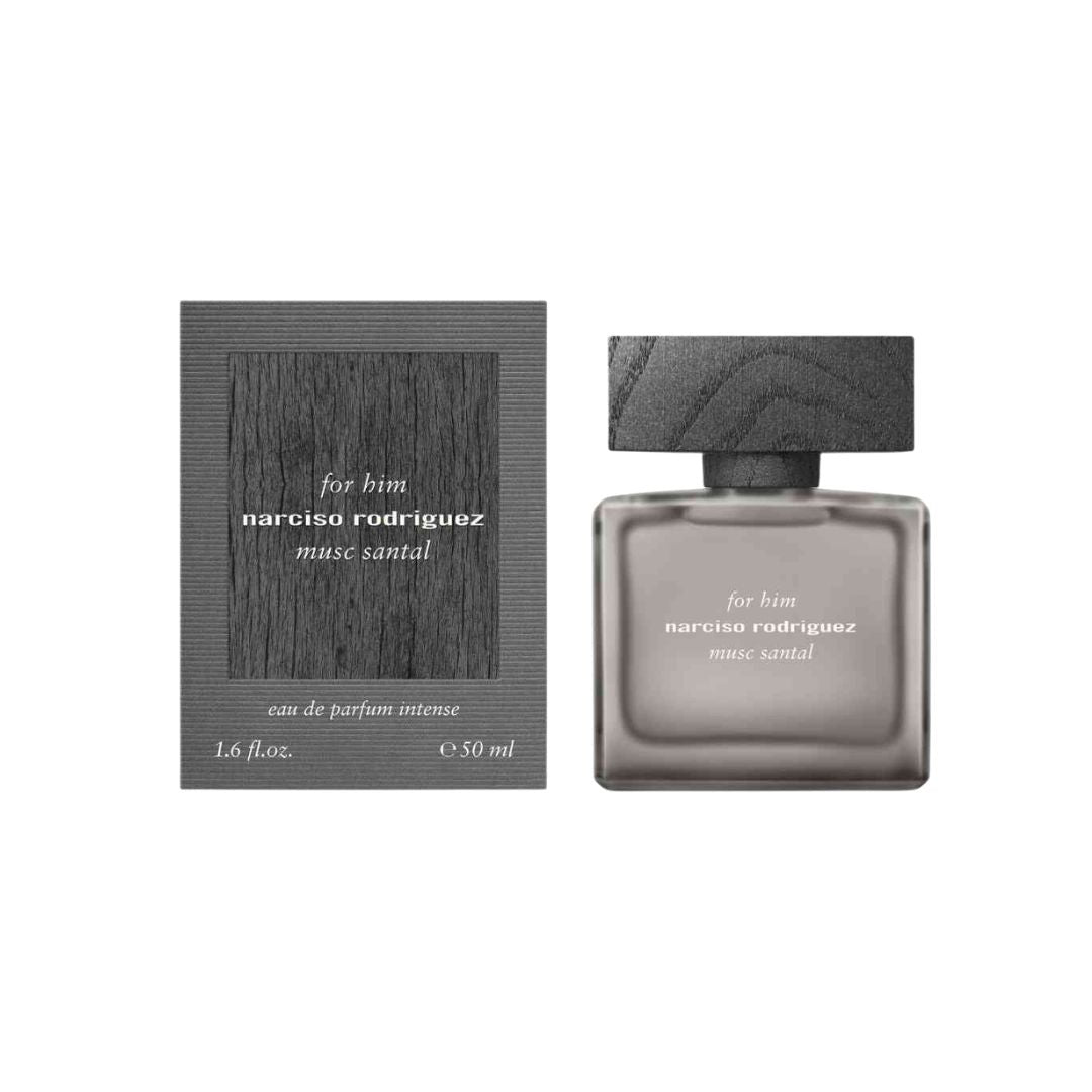 Narciso Rodriguez For Him Musc Santal EDP Intense 50ml bottle, featuring a sophisticated blend of sandalwood, cedar, and aromatic musk for men.