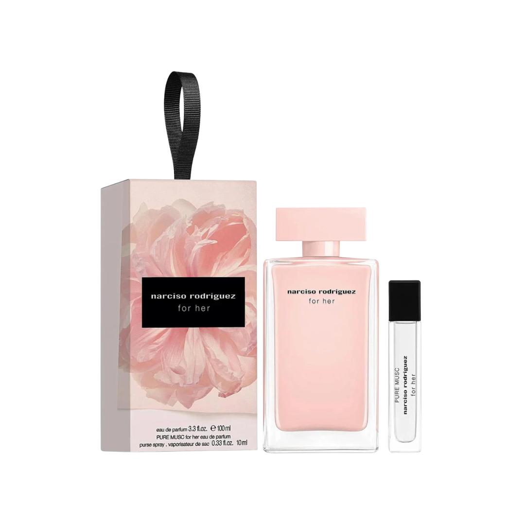 Narciso Rodriguez For Her 100ml EDP 2 Piece Gift Set, featuring the iconic pink bottle and a 10ml Pure Musc travel spray in an elegant gift box.