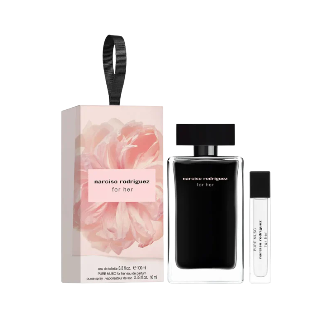 Narciso Rodriguez For Her 100ml EDT 2 Piece Gift Set, featuring the iconic black bottle and a 10ml EDP Pure Musc travel spray in an elegant pink and black gift box.