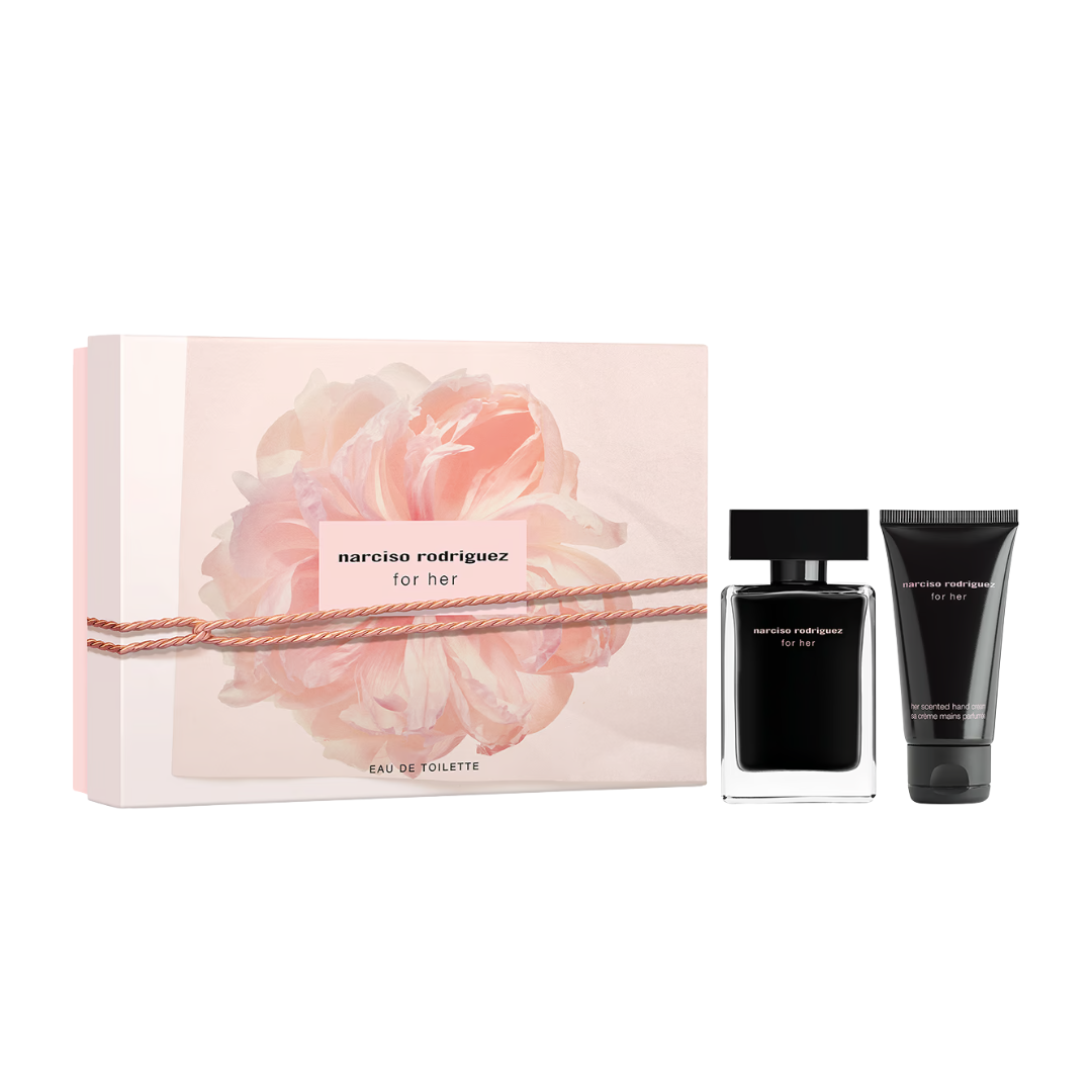Narciso Rodriguez For Her 50ml EDT 2 Piece Gift Set, featuring the iconic black bottle and a matching hand cream in an elegant pink and black gift box.