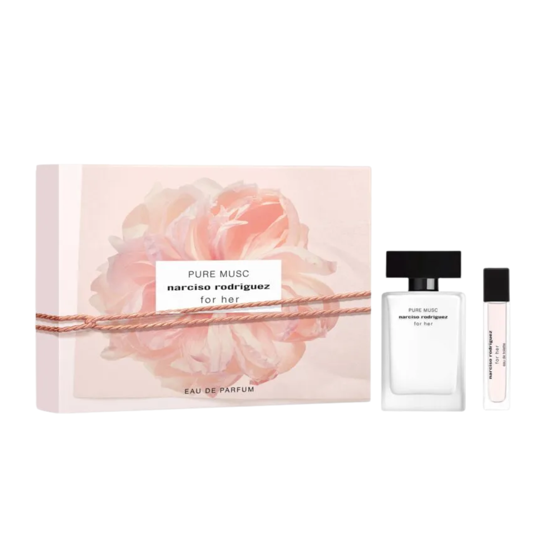 Narciso Rodriguez for Her Pure Musc 50ml EDP 2 Piece Gift Set, featuring the sleek white bottle and a 10ml travel spray in an elegant gift box.