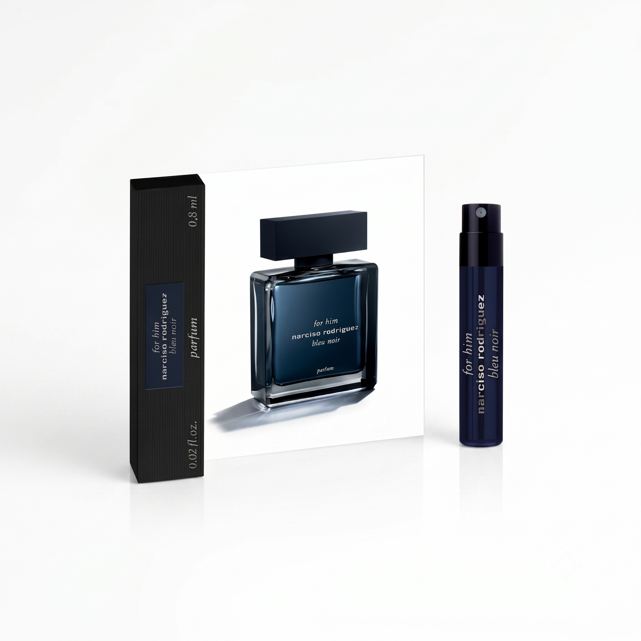 Narciso Rodriguez Bleu Noir EDP 0.8ml sample vial, a sophisticated and woody musk fragrance for men.
