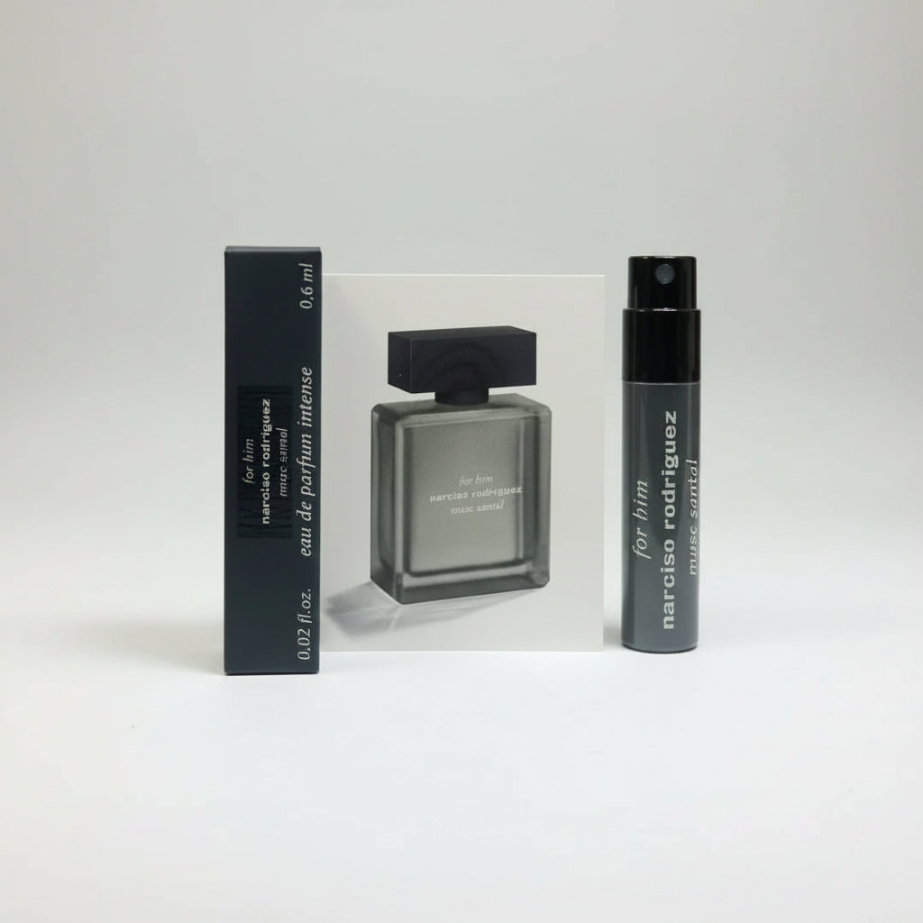 Narciso Rodriguez For Him Musc Santal EDP Intense 0.6ml sample vial, featuring a woody aromatic musk scent for men.